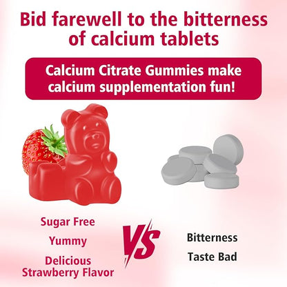 High Absorption Calcium Citrate Gummies 1200mg - Bone & Teeth Support for Adults & Kids, Vegan Sugar-Free Gummies, Strawberry Flavor, 60 Count