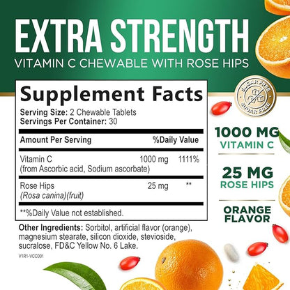 Vitamin C Chewable 1000mg - Extra Strength Antioxidants for Powerful Immune Support w/Vitamin C & Rose HIPS - Potent Dietary VIT C Chews Supplement, Natural, Vegan, Gluten-Free, Non-GMO - 60 Tablets