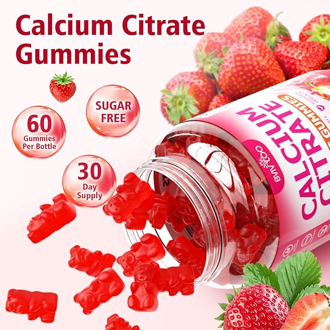 High Absorption Calcium Citrate Gummies 1200mg - Bone & Teeth Support for Adults & Kids, Vegan Sugar-Free Gummies, Strawberry Flavor, 60 Count