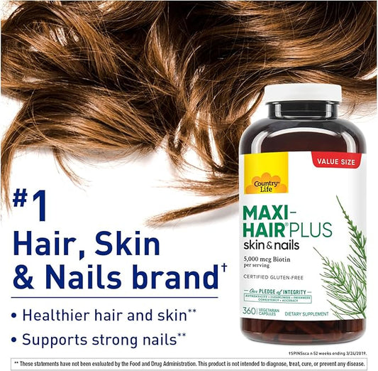 Country Life Maxi-Hair Plus 5000 mcg Biotin, 360 Capsules, Certified Gluten Free, Certified Vegetarian