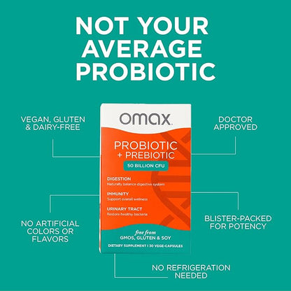 Omax Prebiotic & Probiotic 50 Billion CFU + Chicory Inulin, 10 Strains, Reduce Bloating, Digestion, SIBO, Leaky Gut, Vaginal pH, Acidophilus, Vegan, Dairy Free, Gluten Free, Blister Packaged