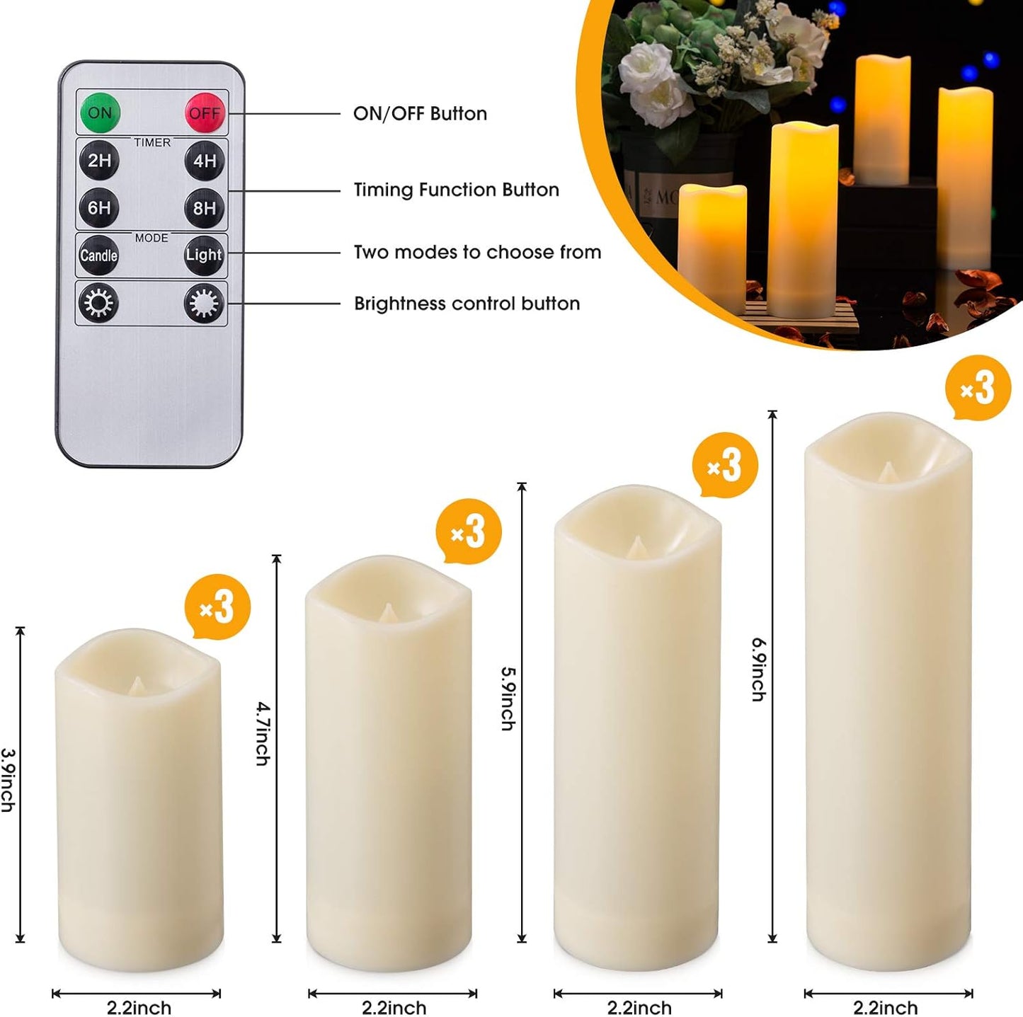 Waterproof Flickering Flameless Candles, Set of 12 Battery Operated Candles (D2.2'' x H4''5''6''7"), Outdoor Indoor Candles with 10-Key Timer Remote, Long Lasting