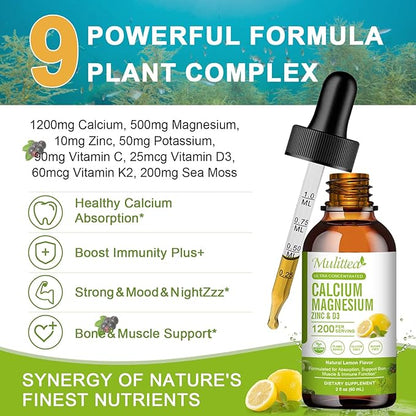 Calcium Magnesium Zinc Liquid with Vitamin D3, Magnesium Glycinate Plus Vitamin C K2| High Absorption Plant Calcium Supplement for Heart & Bone| Gluten Free，Sugar-Free | 60 Servings | Lemon Flavor