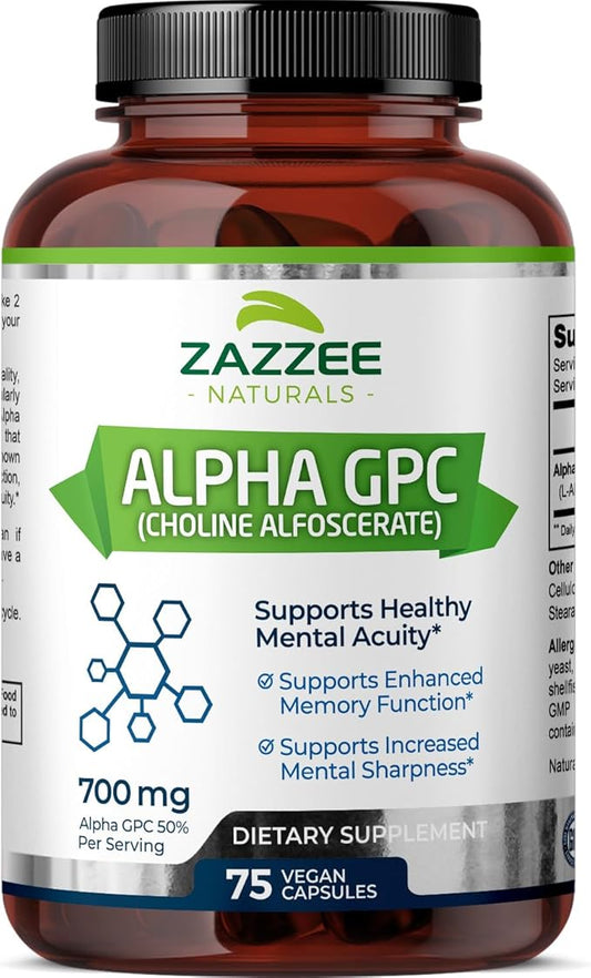 Zazzee Extra Strength Alpha GPC Choline, 700 mg per Serving, 75 Vegan Capsules, 100% Pure Pharmaceutical Grade, 100% Vegetarian, Standardized for Potency and Purity, All-Natural and Non-GMO
