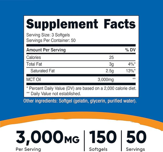 Nutricost MCT Oil Softgels 1000mg, 150 SFG (3,000mg Serv) - Great for Keto, Ketosis, and Ketogenic Diets