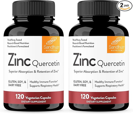 Sandhu's Zinc Quercetin 120 Vegetarian Capsules (Pack of 2) | Zinc Supplements for Antioxidant Immune Support for Men and Women | Gluten, Soy, Dairy Free