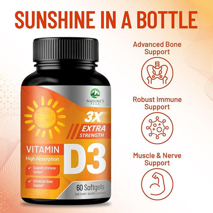 Vitamin D3 5000 IU Softgels (125 mcg) - Extra Strength Vitamins D-3 Dietary Supplement for Bone, Teeth, Muscle Health & Immune Support, Rapid Absorbtion Mini D Softgel, Non-GMO, Gluten Free - 60 Count