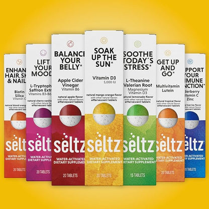 Seltz® Water-Activated Vitamins - Soak up The Sun with Vitamin D3 (5,000 IU) – Natural Mango Orange Flavor Dietary Supplement - 6 Packs x 20 Effervescent Tablets Each