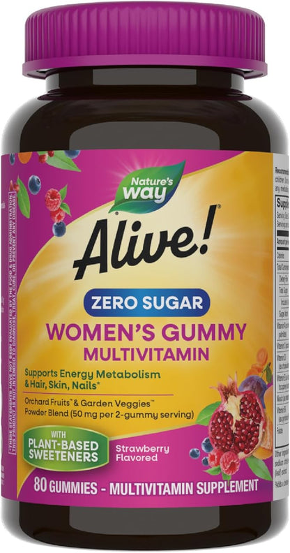 Nature's Way Alive! Zero Sugar Women's Gummy Multivitamins, Energy Metabolism*, Hair, Skin, Nails*, B-Vitamins, No Sugar Alcohols, Plant-Based Sweeteners, Strawberry Flavored, 80 Gummies