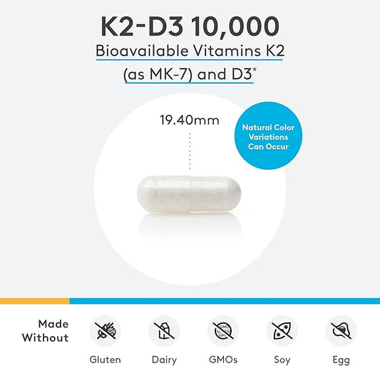 XYMOGEN K2-D3 10000 - Vitamin D3 K2 - Bioavailable Vitamin D 10,000 IU (Cholecalciferol) with MK-7 - Heart, Arterial, Bone Health + Immune Support Supplement (120 Capsules)