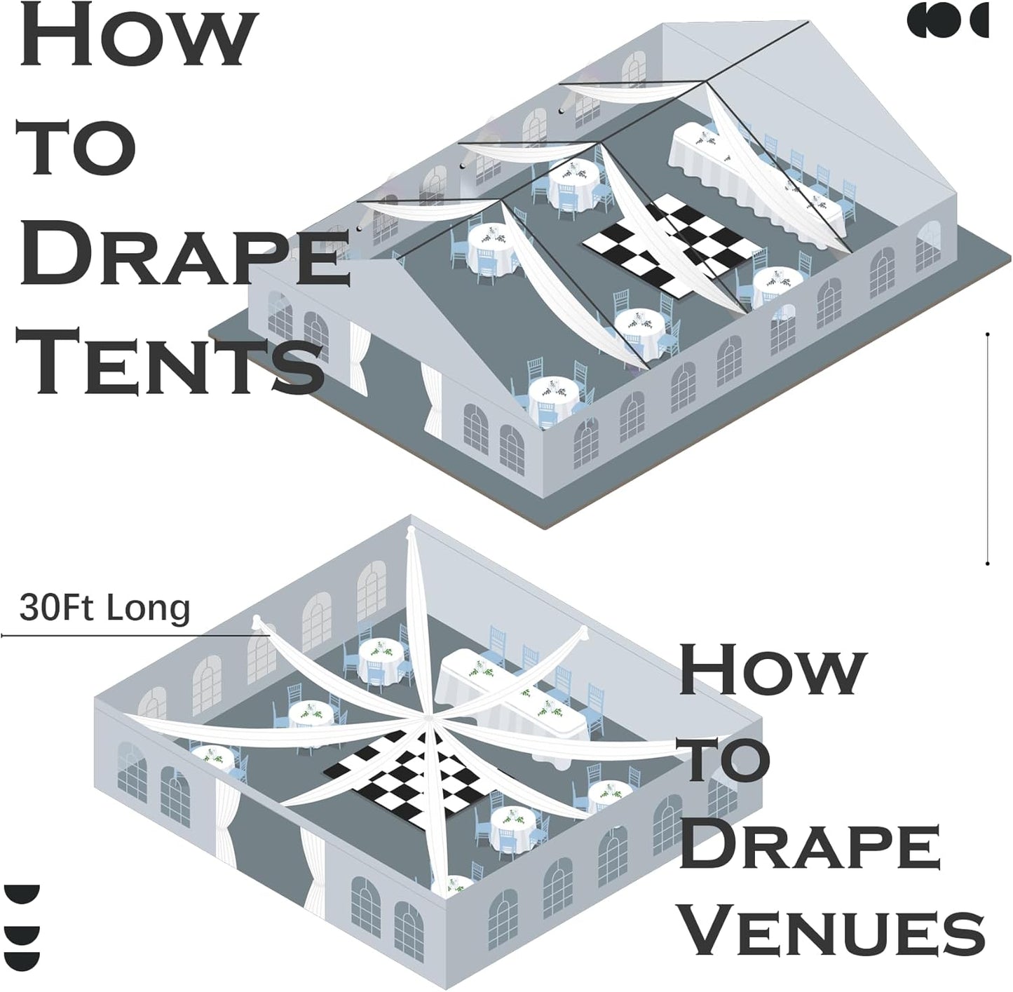 PartyVillage 6 Panels 5ftx30ft White Ceiling Drapes for Wedding Parties – 30 FT Extra Long Thick Polyester Wrinkle-Free Drapery Tent Decor Decorations for Birthday Party Ceremony Stage Swag