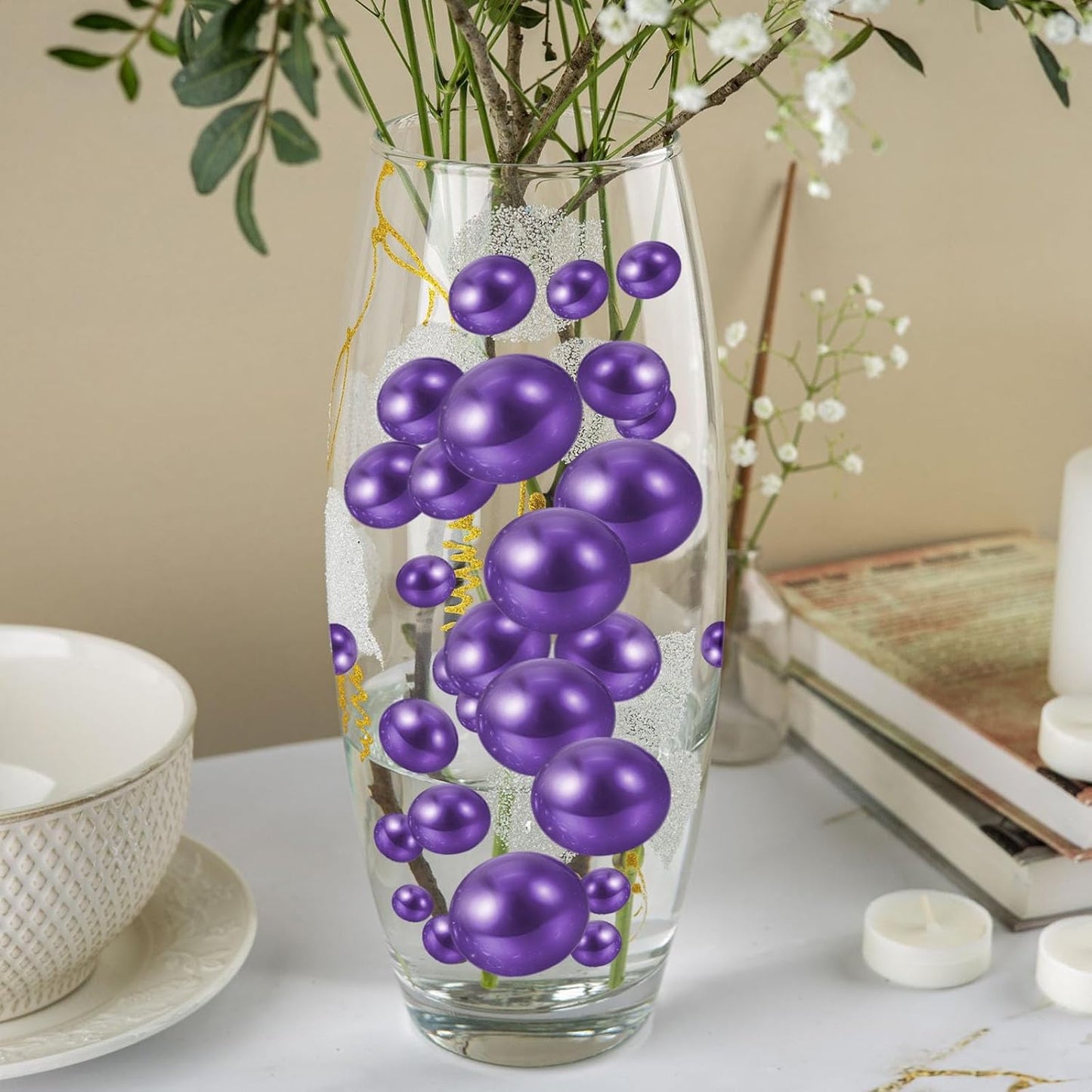 100PCS Purple Faux Pearls Beads for Centerpiece Vases, Vase Filler Faux Pearls, No Holes Filler Beads for Party Anniversary Birthday Wedding Table Decor, 14/20/30mm