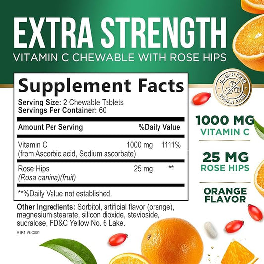 Vitamin C Chewable 1000mg - Extra Strength Antioxidants for Powerful Immune Support w/Vitamin C & Rose HIPS - Potent Dietary VIT C Chews Supplement, Natural, Vegan, Gluten-Free, Non-GMO - 120 Tablets