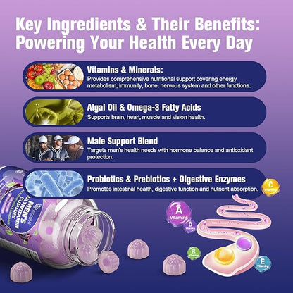 Multivitamin for Men, Mens Multivitamins Gummies w/Omega-3, Probiotics, Inositol, Folate, Biotin, Zinc, Vitamins A, C, D, E, B, - Support Heart, Brain, Muscle, Energy, Sugar-Free, Blackberry Flavor