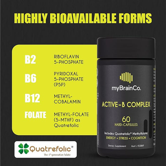 Active-B Complex – High Strength Activated B Vitamin Supplement with B2, B6, B12 & Methyl Folate – Supports Energy, Brain Function & Nervous System – 60 Vege-Capsules