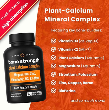 Calcium Supplement for Bone Strength | Plant Calcium Citrate + Vitamin D3, K2, Magnesium, Zinc, Potassium, Boron & Strontium | Premium Extra Strength Bone Health & Density Complex | 120 Vegan Capsules