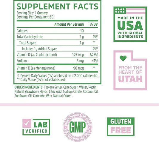 Zhou D3+K2 - Vitamin D3 K2 Supplement for Women & Men, Immune Support Vit D3 and K2 Gummy, Gelatin Free Formula with 5000 IU of D3 and MK-7 - 60 Veggie Gummies (Pack of 1)