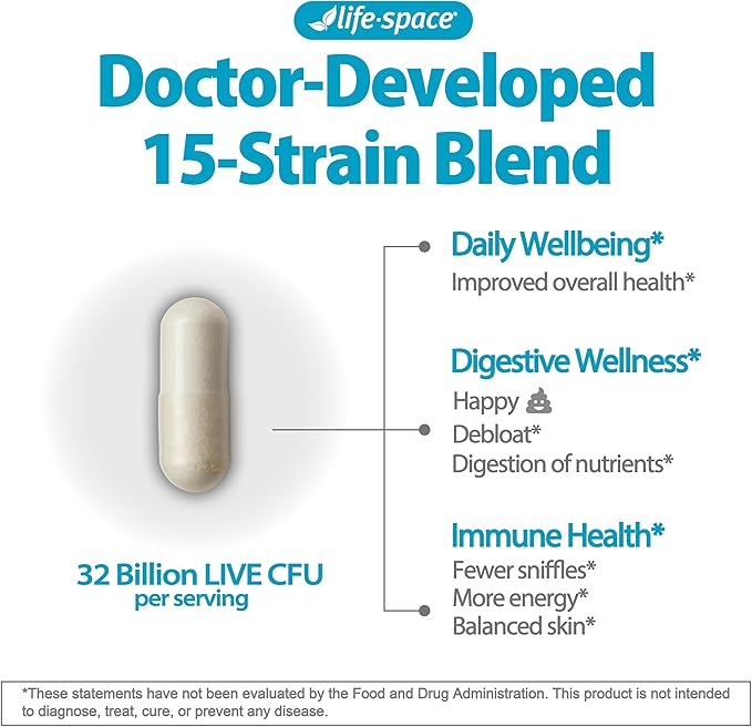 Life-Space 2 Month Serving Premium Broad Spectrum Probiotics, 32 Billion CFU & 15 Diverse Strains, Formulated for Daily Digestive Health & Immune Health, Probiotics for Women & Men, 60 Veg Capsules