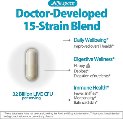 Life-Space 2 Month Serving Premium Broad Spectrum Probiotics, 32 Billion CFU & 15 Diverse Strains, Formulated for Daily Digestive Health & Immune Health, Probiotics for Women & Men, 60 Veg Capsules