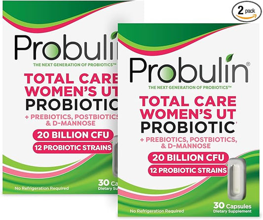 Probulin Total Care Women's Urinary Tract = Prebiotics + Probiotics + Postbiotics to Support Healthy Vaginal Microbiome - 20 Bill CFU - 12 Strains - 30 Vegan Caps (Twin Pack)