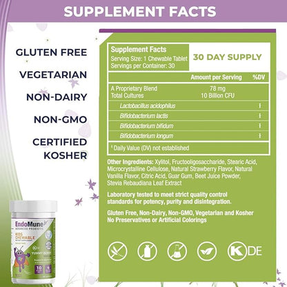 EndoMune Jr Advanced Kids Probiotic and Prebiotic | 10 Billion CFUs | 4 Strains Bacteria and FOS Prebiotic | Physician Formulated | 30 Chewable Tablets
