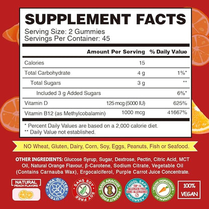 Vegan Vitamin B12 Gummies with Vitamin D - 90 Count I 1000 MCG Methyl B12 & 5000 IU D3 Gummy Chewable Supplements for Adults & Kids - Supports Immune Health & Daily Energy Boost - Non-GMO, Orange