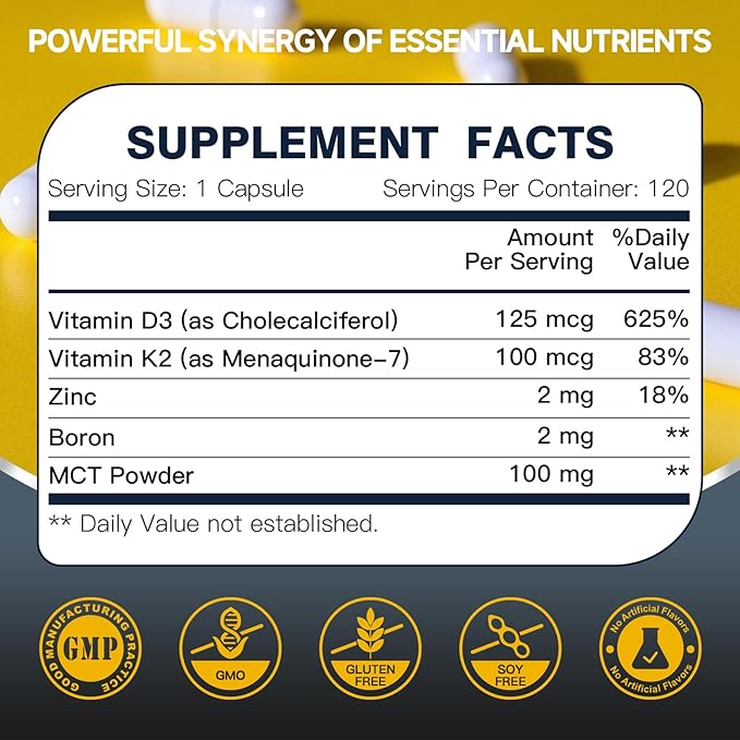 DRFOSTER Vitamin D3 K2 – High-Potency 125mcg D3 (5000IU) & 100mcg K2 (MK7) – Bone Strength, Heart & Immune Support – Enhanced with Zinc, Boron & MCT – 120 Capsules, Non-GMO, Gluten-Free