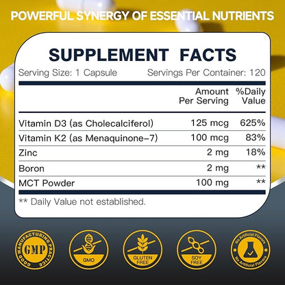 DRFOSTER Vitamin D3 K2 – High-Potency 125mcg D3 (5000IU) & 100mcg K2 (MK7) – Bone Strength, Heart & Immune Support – Enhanced with Zinc, Boron & MCT – 120 Capsules, Non-GMO, Gluten-Free
