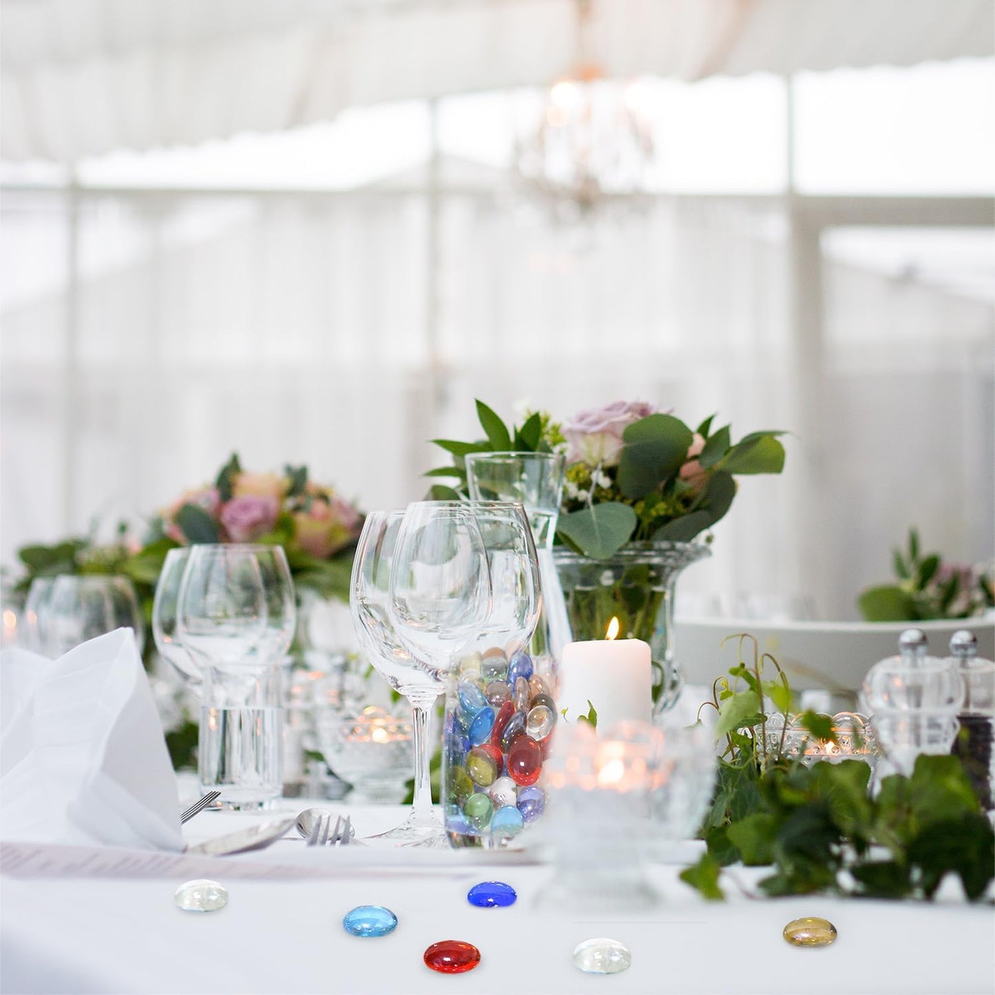 KINGOU Flat Glass Gems/Marbles/Stones/Beads for Vase Filler, Table Scatter, Aquarium - 1 Lbs (17-19mm, Approx. 3/4")-Colorful