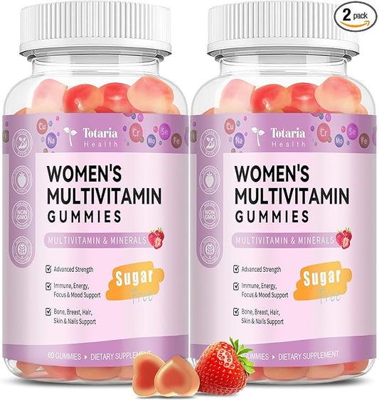 Sugar Free Multivitamin Gummies for Women 14+ w/Inositol, Iron, Folate, Biotin, Womens Daily Multivitamin Gummy w/Vitamin A, D, C, B, Support Hair, Skin, Energy, Immune, Strawberry Flavor