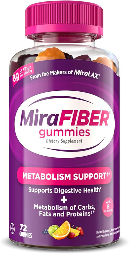 MiraFIBER Gummies from the Makers of MiraLAX, 8g of Daily Fiber Per Serving, Metabolism Support with B Vitamins, Gut Health for Men & Women, Prebiotic Fiber Gummies for Adults, Mixed Fruit Flavor 72Ct