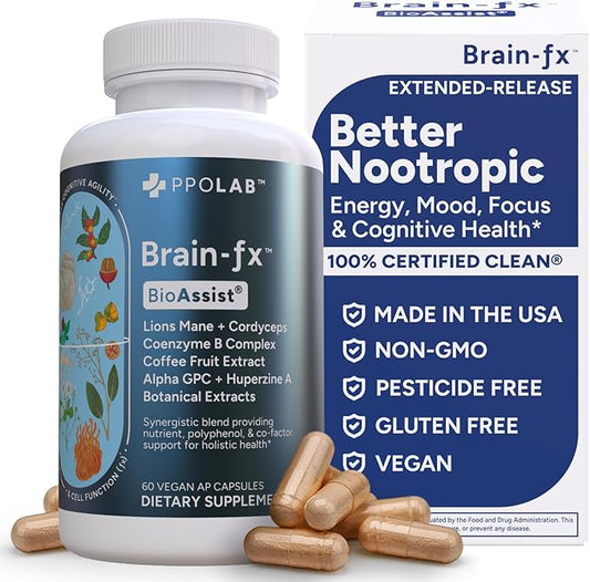Brain-fx™ Focus Memory Nootropic Energy Brain Supplement, Methyl B Vitamin, Lions Mane, Bacopa, Alpha GPC Choline, Huperzine A, L Theanine, Ginseng, Cordyceps, Coffee Fruit, Clean Certified® 60 Count