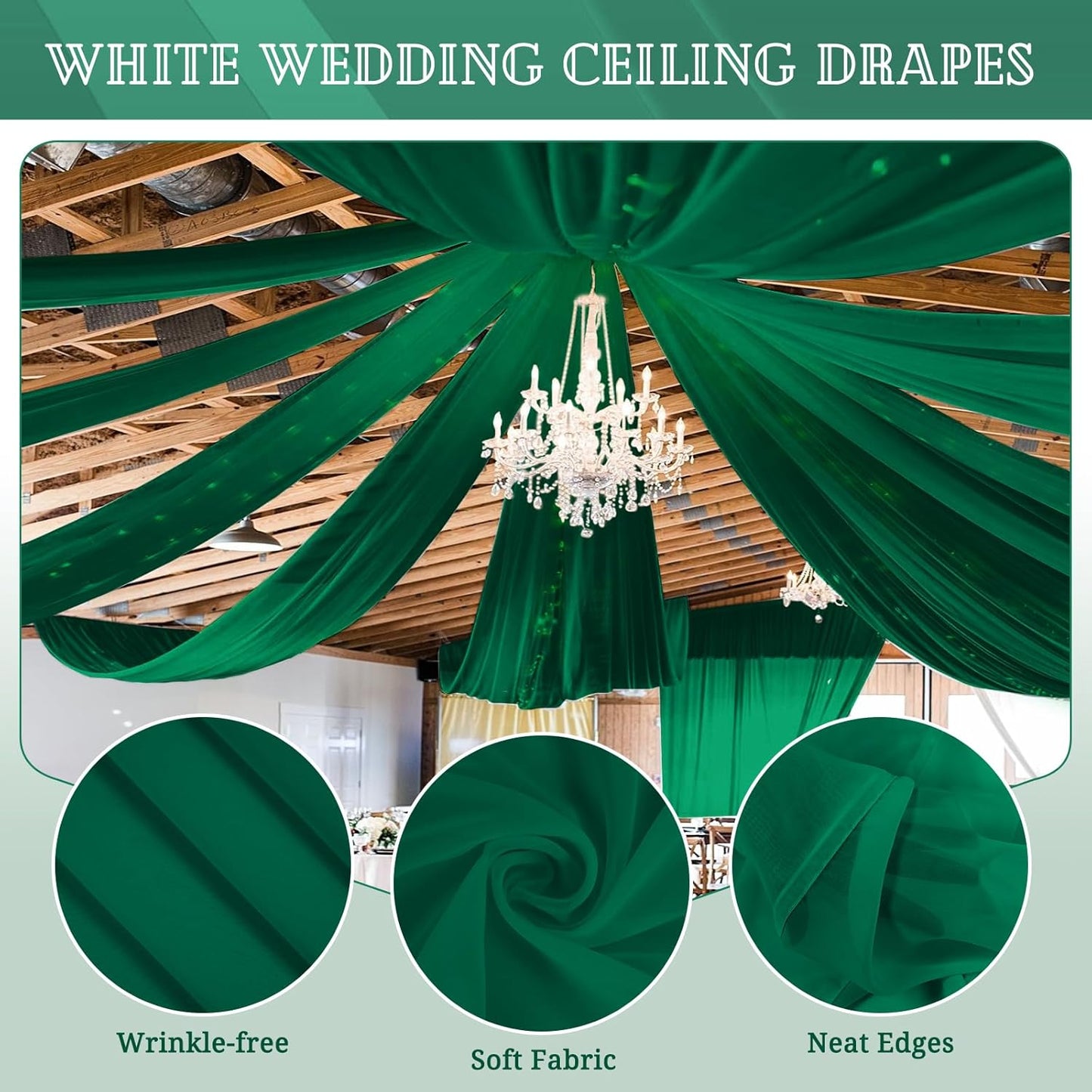 6 Panels Emerald Green Ceiling Drapes for Wedding 5ftx30ft Chiffon Fabric Arch Draping Curtains Sheer Drapery for Party Ceremony Birthday Baby Shower Reception Stage Swag Ceiling Decorations