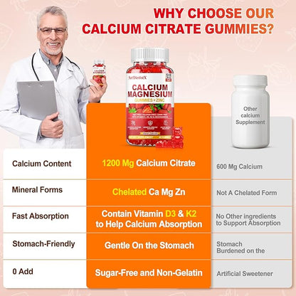 Calcium Magnesium Zinc Gummies with Vitamin D3 for Adults, Calcium Citrate 1200mg with K2, Boron, Copper and Ashwagandha, Absorption Calcium Supplement for Bone, Muscle, Immune for Men Women, 60 Count