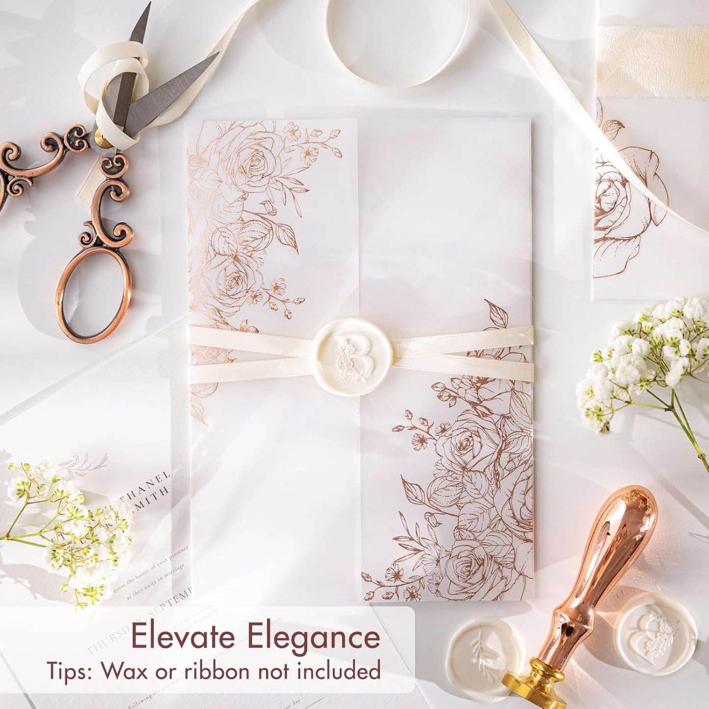 50 Pack Pre-Folded Vellum Jackets For 5x7 Invitations,AZAZA Gorgeous Translucent Invitation Sleeves,115GSM Vellum Jackets 5x7, Wedding Invitation Accessories, For Weddings Birthdays,Rose Golden Roses