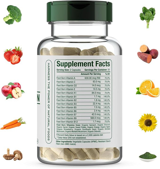 Food-Born Multivitamins,13 Daily Vitamins for Men & Women: A D2 C K1 E B1 B6 B12 etc. Non-Synthetic, Vegan, Food-Based Bioactive Vitamins, 60-Capsule