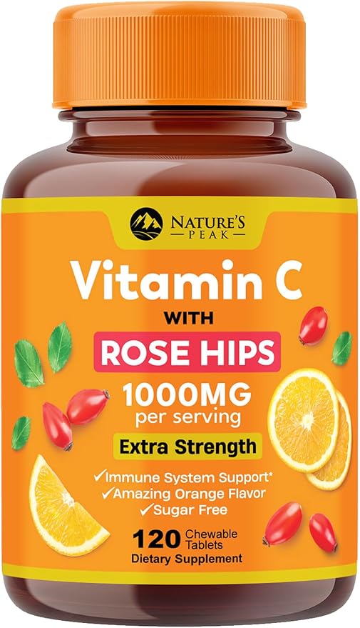 Vitamin C 1000mg Chewable Supplement - Extra Strength Immune Support Vitamin C Dietary Supplement with Rose HIPS, Nature's VitaminC Antioxidant Support, Natural, Vegan, Orange Flavor - 120 Tablets