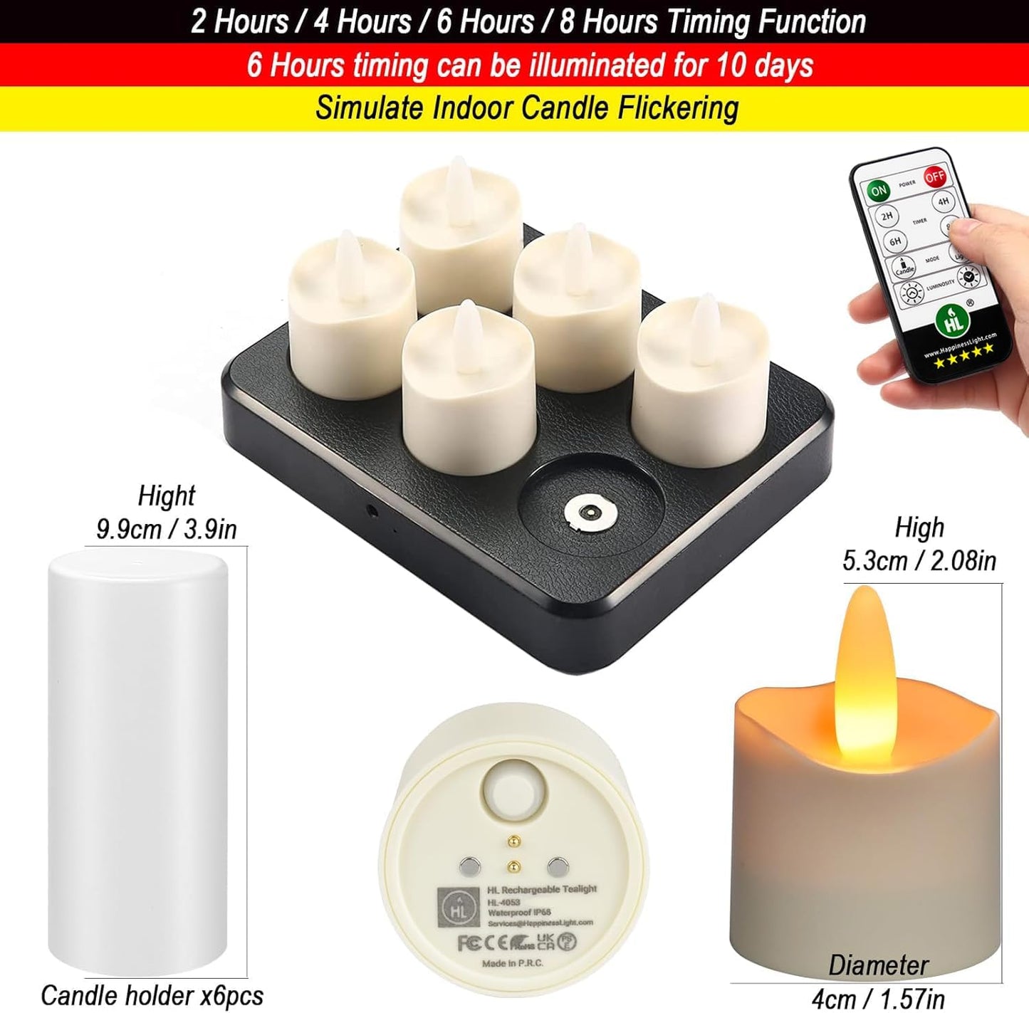 HL Flameless Candles with Remote Timer, 100+Hours Rechargeable Waterproof Battery Operated Tea Lights with Charging Base, Yellow LED Votive Floating Candles for Festival Wedding Home Party Decor-6pcs