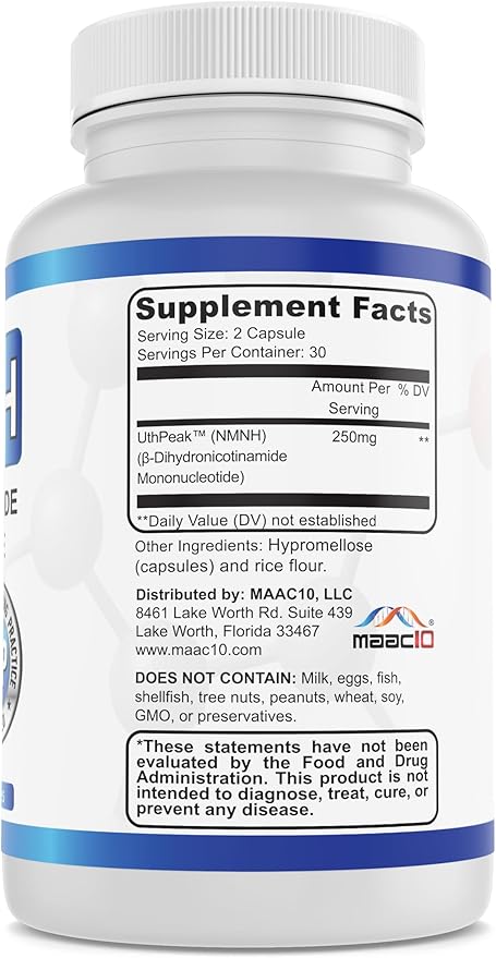 MAAC10 NMNH (NMN Supplement Alternative) 250mg Serving | Uthpeak™ NMNH (Dihydronicotinamide Mononucleotide) for Better Stability | 30-Day Supply.