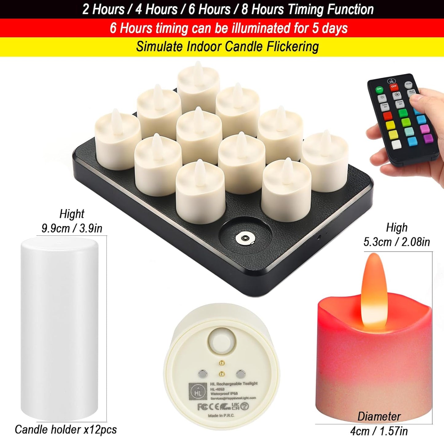 HL Flameless Candles with Remote Timer&Charging Station, 60+Hours Rechargeable Waterproof Outdoor RGB Tea Lights Colorful Candles for Valentine's Gift Halloween Christmas Home Party Decor-12pcs