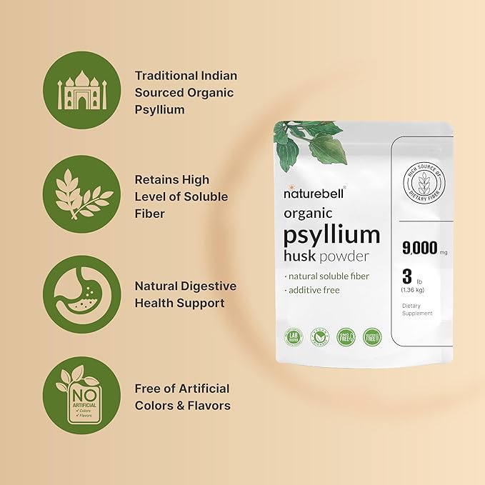 NatureBell Psyllium Husk Fiber Supplement, 9,000mg Per Serving, 3lb (48oz) Powder | Organic Soluble Fiber for Digestive & Gut Health | Plant-Based, Unflavored, Non-GMO, Gluten-Free