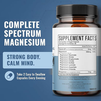 10-in-1 Magnesium Supplement 500 mg | High Absorption Magnesium Complex with Mag Glycinate, Citrate, Vitamin B6 Magnesium for Sleep, Muscle, Bone & Heart Health, Vegan & Gluten-Free, 45 Day Supply