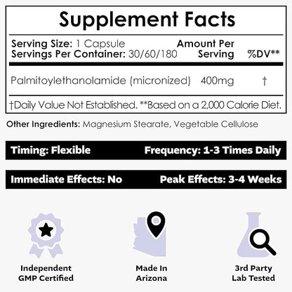Nootropics Depot Palmitoylethanolamide Capsules | Pea | 400mg Pills | 180 Count | Provides Discomfort Support | Promotes Healthy Joint Function