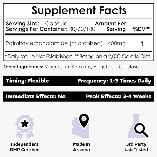 Nootropics Depot Palmitoylethanolamide Capsules | Pea | 400mg Pills | 180 Count | Provides Discomfort Support | Promotes Healthy Joint Function