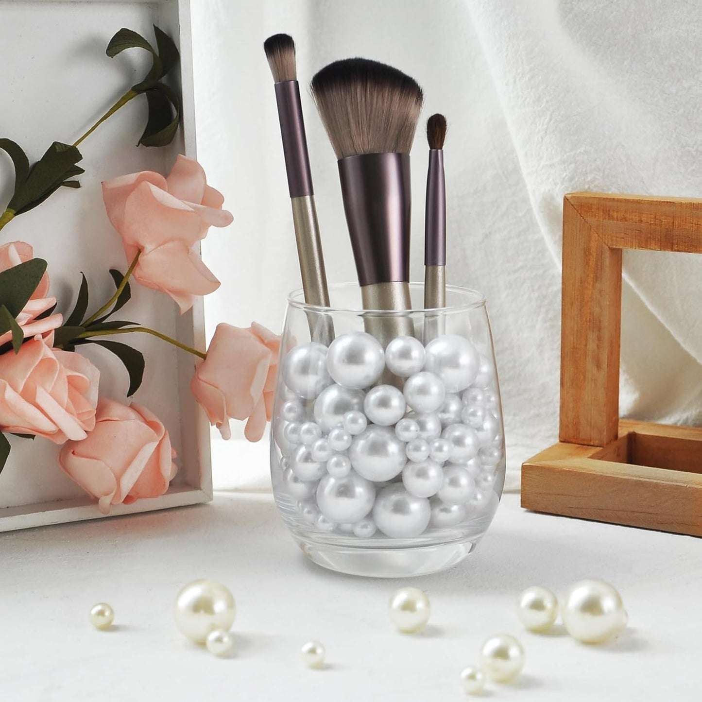 260Pcs White Glossy Beads - 6mm, 14mm, 18mm Round Plastic Pearl Beads for Centerpiece Decor, Wedding, Birthday, Christmas Party, Home Decor