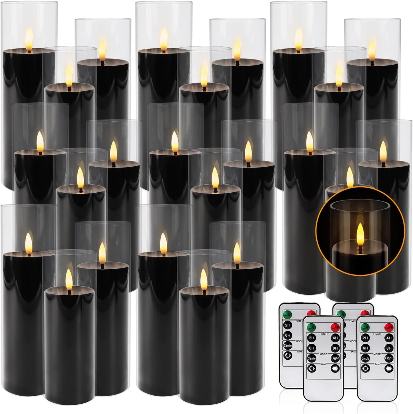 24Pack Black Flickering Flameless LED Candles with Remote & Timer, Small Pillar Acrylic LED Candles Perfect for Indoor/Outdoor Decor,Wedding,BBQ and Gift - Easily Create a Magical Atmosphere.