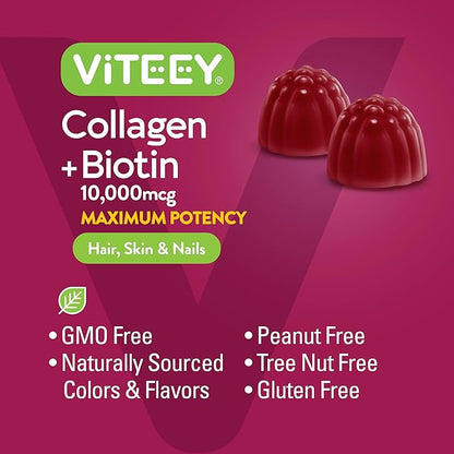 Viteey Collagen Gummies with Biotin Gummies for Hair Skin and Nails Vitamins - Biotin and Collagen Supplements for Women & Men - Vegan, Gluten-Free – 120 Count