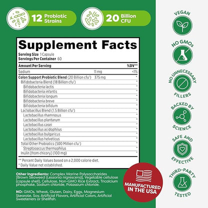 Probulin Colon Support Probiotic Supplement, Daily Gut, Digestive, and Immune Health Probiotics Capsules for Men and Women, 20 Billion CFU, Vegan, 60 Count Bottle