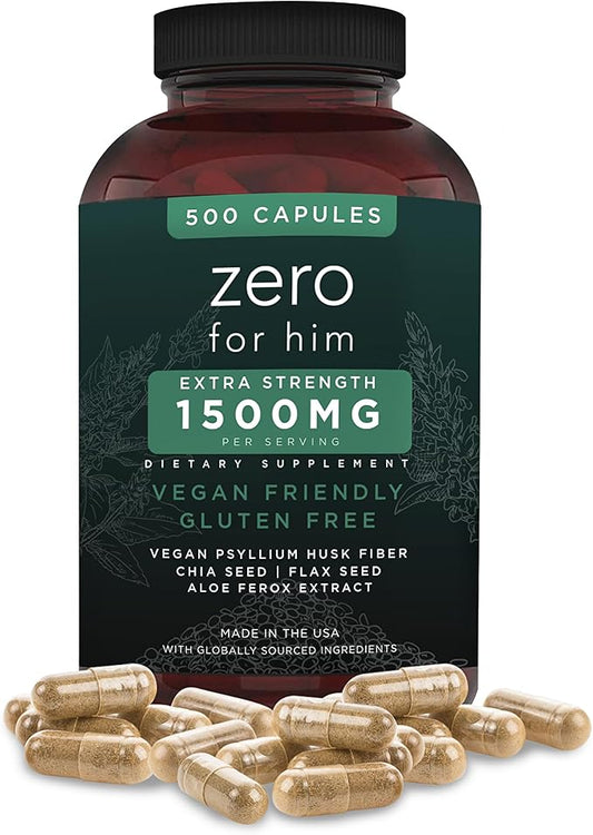 California Basics Fiber Supplements for Men (500 Count) - Daily Dietary Chia Flaxseed Psyllium Husk Vegan Capsules - High Fiber Supplement Pills Zero for Him Extra Strength Pills