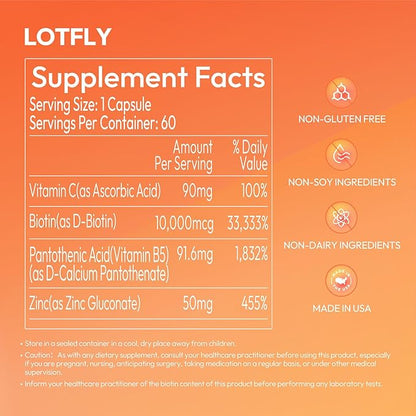 Biotin 10000 mcg with Zinc Vitamin C & Calcium Pantothenate – Supports Healthy Hair Growth, Strong Nails & Glowing Skin for Women & Men | Made in The USA | 60 Vegan Capsules (2 Months Supply)